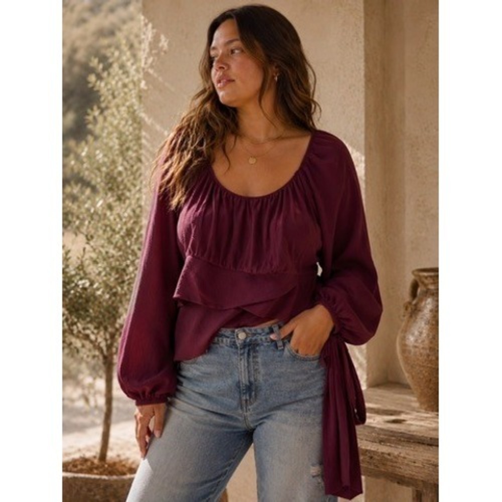 Arula Wine Burgundy Balloon Sleeve‎ Smocked Waist Peplum Top Women XL